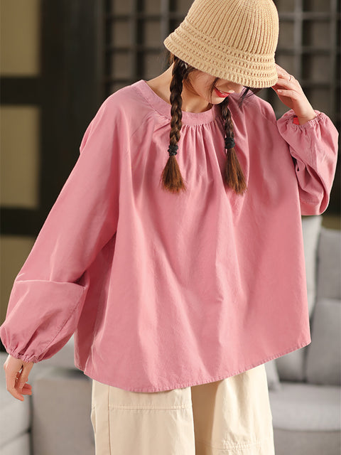 Women Spring Casual Pure Color O-Neck Corduroy Shirt