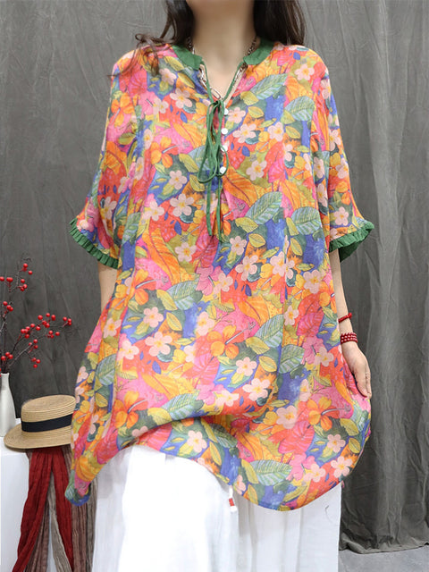 Women Summer Vintage Flower V-Neck 100%Ramie Shirt