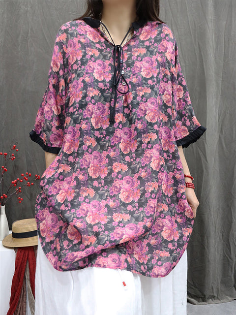 Women Summer Vintage Flower V-Neck 100%Ramie Shirt