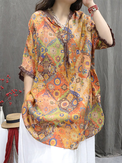 Women Summer Vintage Flower V-Neck 100%Ramie Shirt