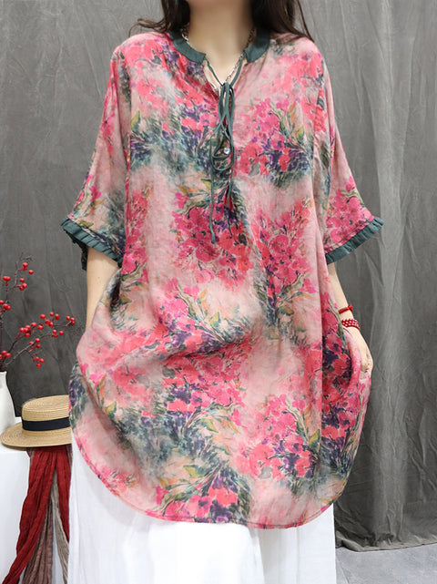 Women Summer Vintage Flower V-Neck 100%Ramie Shirt