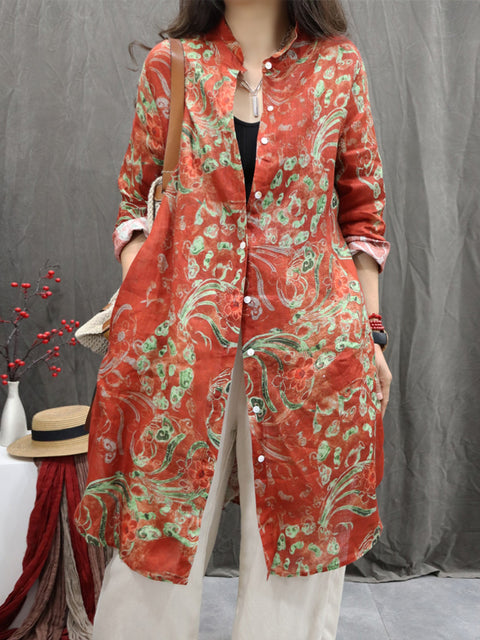 Women Vintage Flower Stand Collar 100%Linen Long Shirt