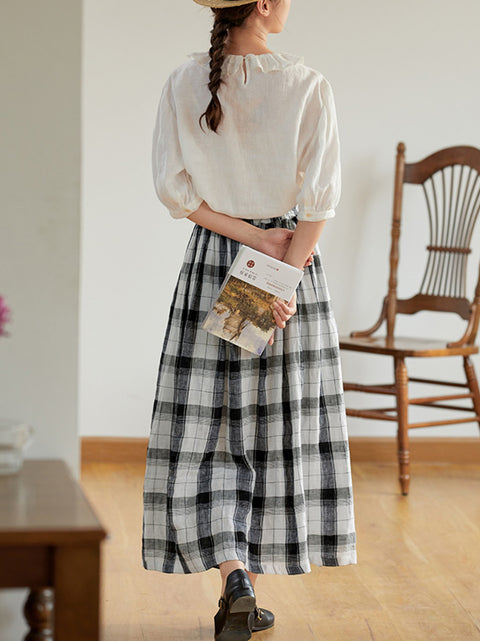 Women Summer Retro Plaid Loose 100%Linen Skirt