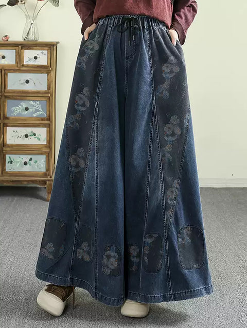 Women Spring Retro Flower Spliced Denim Wide-leg Pants