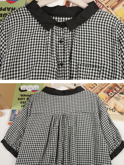 Women Summer Plaid Turn-down Collar 100%Cotton Shirt