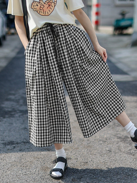 Women Summer Vintage Plaid Wide-leg Pants