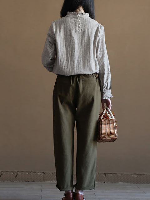 Camisa feminina listrada de verão algodão linho gola rendada