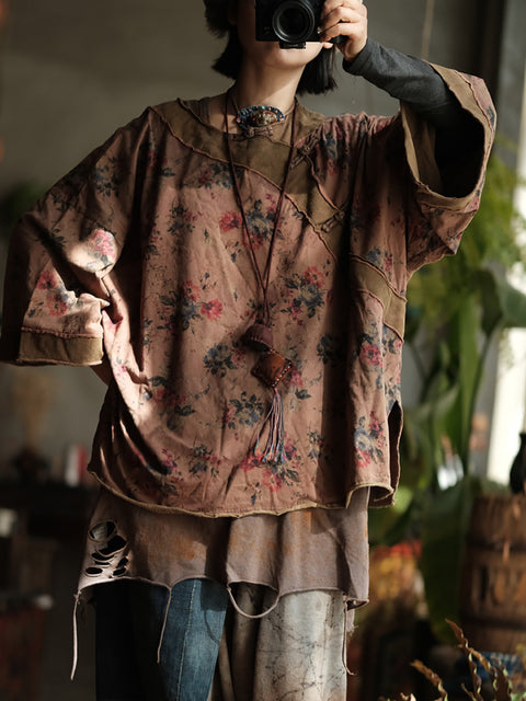 Camisa feminina de verão vintage com flores de algodão e gola redonda