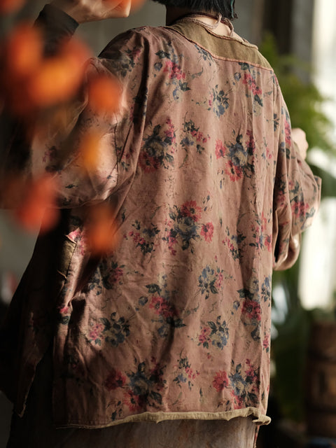 Camisa feminina de verão vintage com flores de algodão e gola redonda