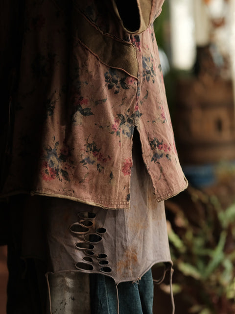 Camisa feminina de verão vintage com flores de algodão e gola redonda