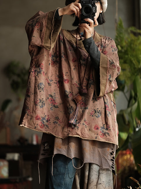 Camisa feminina de verão vintage com flores de algodão e gola redonda