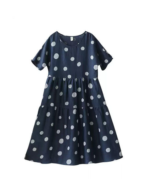 Vestido feminino verão artsy dot gola redonda 100% linho