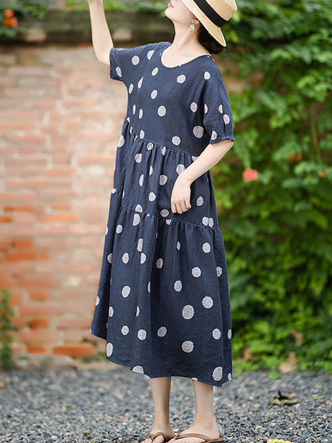 Vestido feminino verão artsy dot gola redonda 100% linho