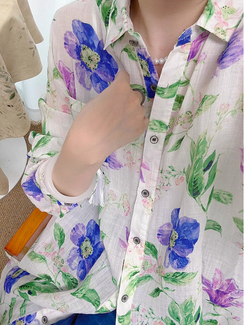 Camisa feminina primavera artsy flor botão 100% rami