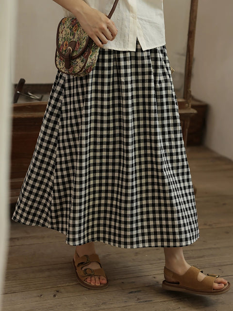 Women Summer Vintage Plaid Loose 100%Cotton Skirt