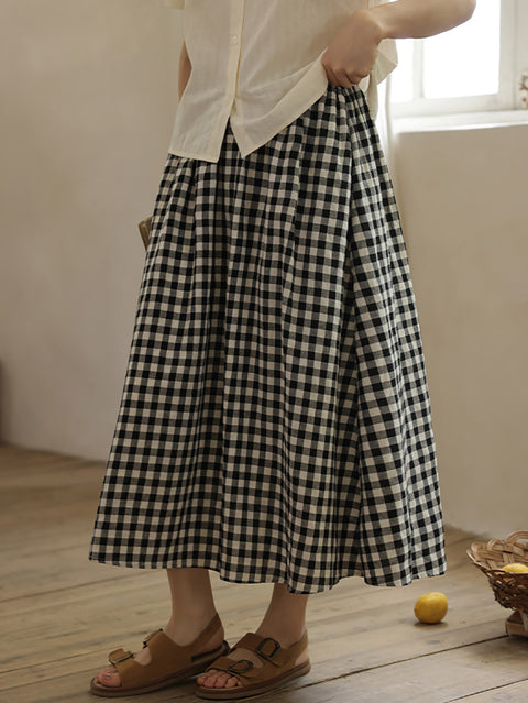 Women Summer Vintage Plaid Loose 100%Cotton Skirt