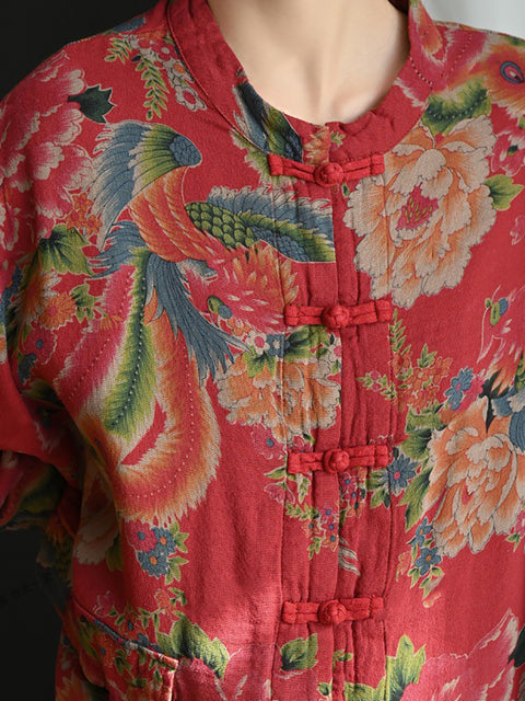 Camisa feminina verão étnica flor gola alta 100% algodão