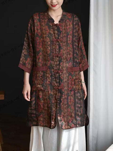 Women Summer Ethnic Stand Collar Flower 100%Ramie Shirt