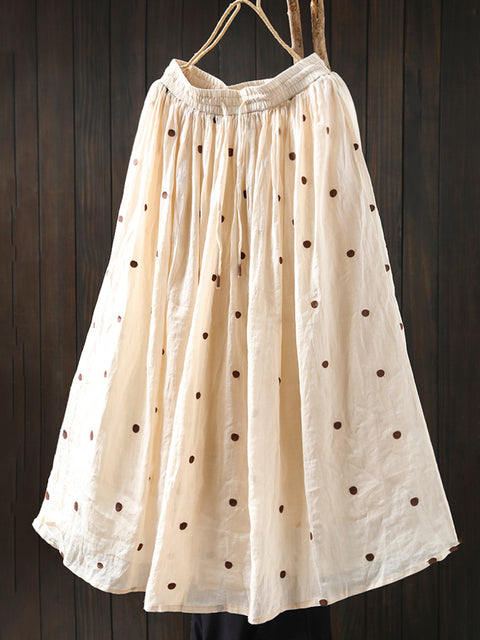 Women Summer Dot A-Shape 100%Ramie Skirt