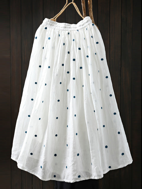 Women Summer Dot A-Shape 100%Ramie Skirt