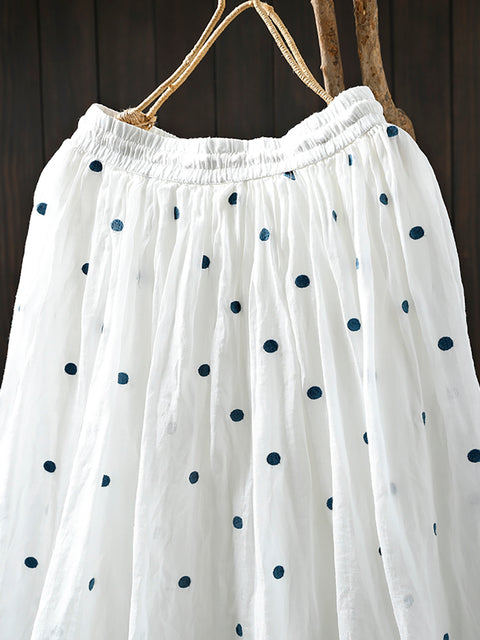 Women Summer Dot A-Shape 100%Ramie Skirt