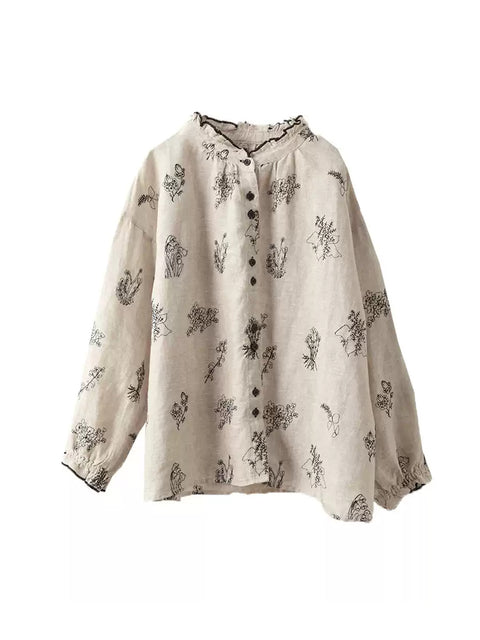 Women Spring Flower Embroidery 100%Linen Lace Collar Shirt