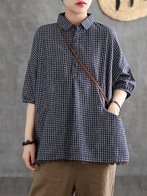 Women Summer Vintage Plaid Turn-down Collar Shirt