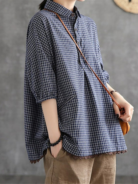 Women Summer Vintage Plaid Turn-down Collar Shirt