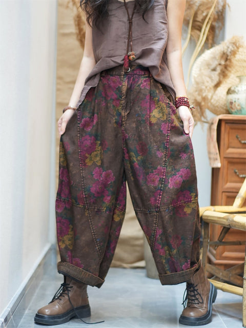 Women Spring Retro Flower Cotton Harem Pants