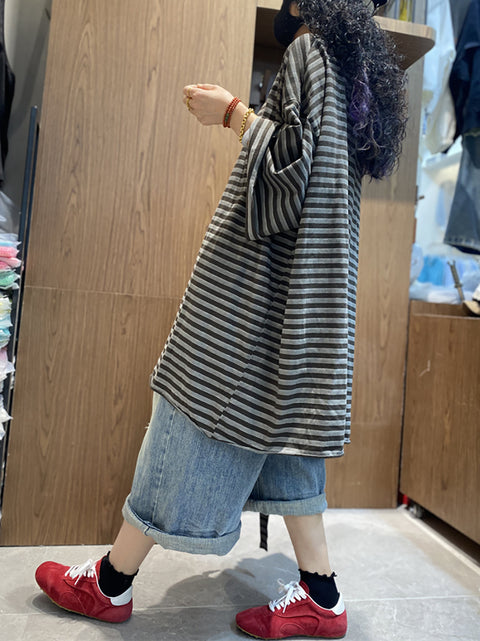 Women Spring Casual Stripe O-Neck Loose Cotton Shirt