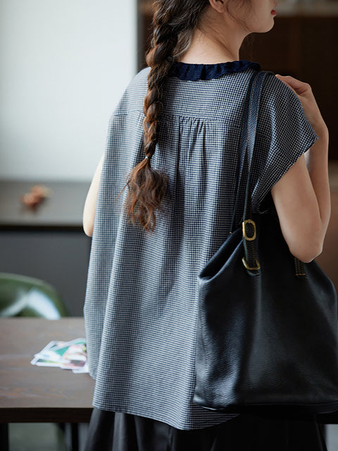 Camisa feminina de verão xadrez com gola de renda 100% algodão