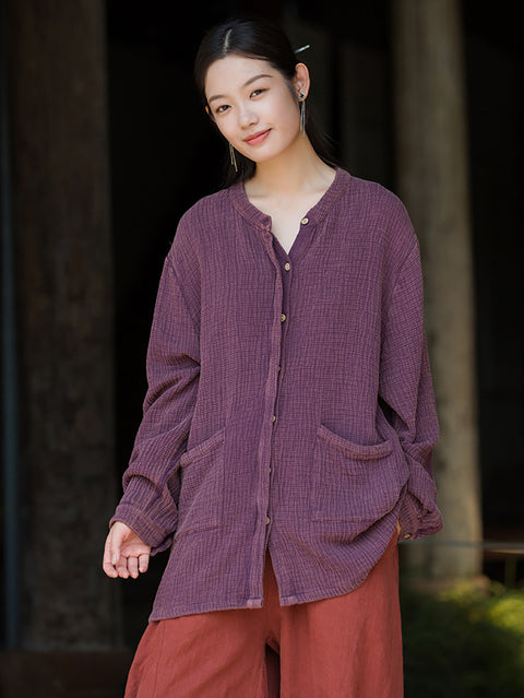 Camisa feminina de outono sólida com botões e bolso Ramie