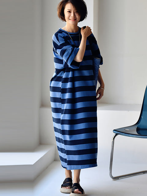 Plus Size Mulheres Casual Stripe Loose Maxi Dress