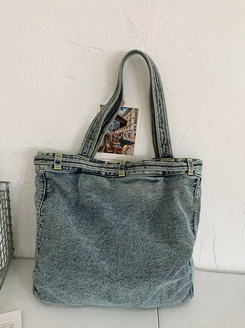 Bolsa de ombro feminina vintage sólida com bolso jeans