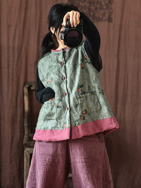 Women Ethnic Flower Print Spliced Warm Vest Coat