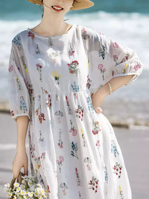 Vestido feminino bordado com flores da primavera Artsy 100% Ramie