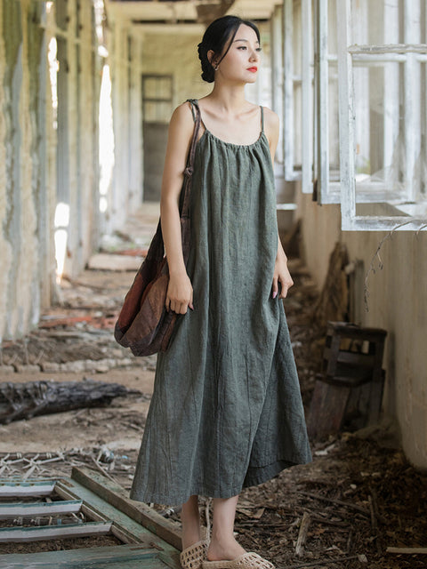 Plus Size Mulheres Verão Vintage Sólido Solto Colete Vestido