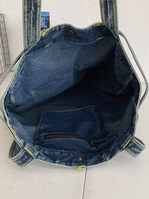 Bolsa de ombro feminina vintage sólida com bolso jeans