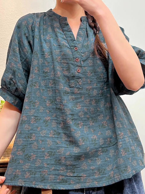 Plus Size Mulheres Verão Artsy Floral Button Loose Camisa