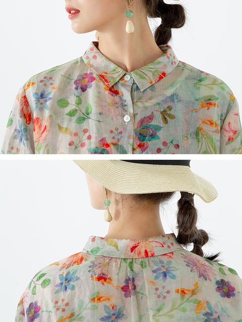 Camisa Plus Size Floral Leaf Breasted Split Mid-Length