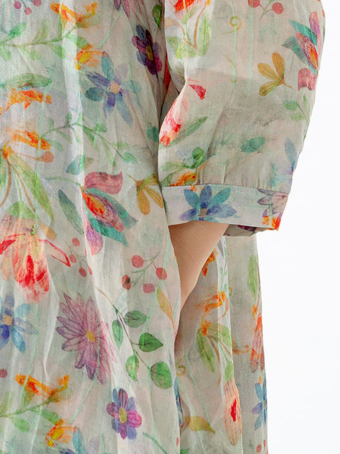 Camisa Plus Size Floral Leaf Breasted Split Mid-Length