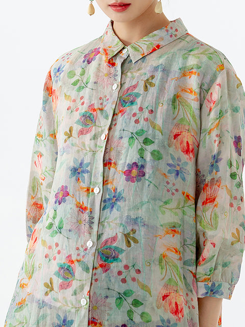 Camisa Plus Size Floral Leaf Breasted Split Mid-Length