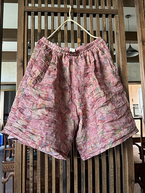 Shorts femininos de verão vintage com flores soltas de rami