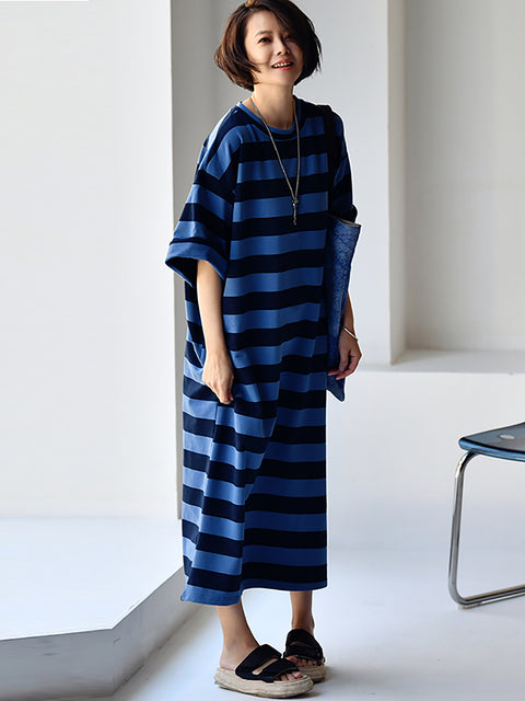 Plus Size Mulheres Casual Stripe Loose Maxi Dress