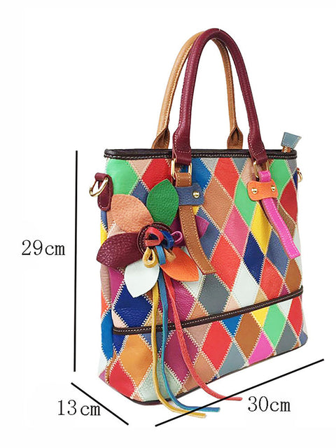 Bolsa feminina de couro com contraste de cores