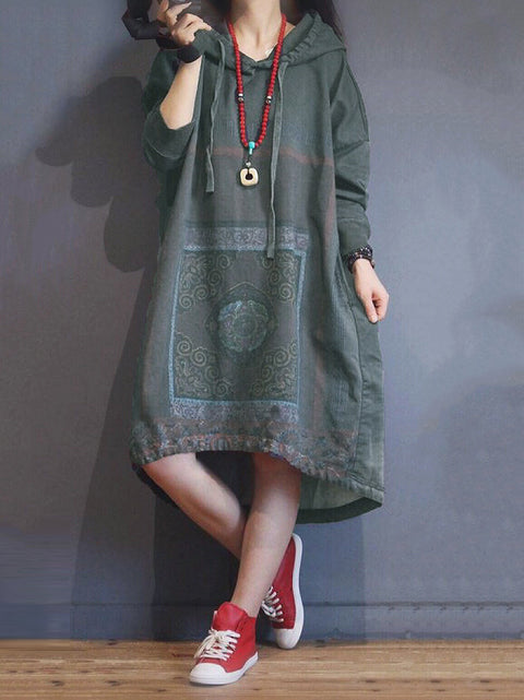 Women Ethnic Autumn Flower Hooded Dress