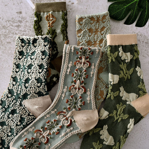 5 pares de meias femininas vintage primavera jacquard