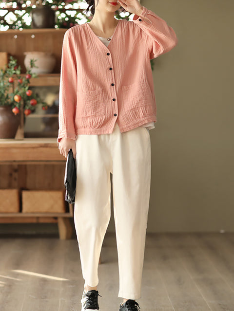 Women Solid Casual Pocket Button Loose Shirt Coat