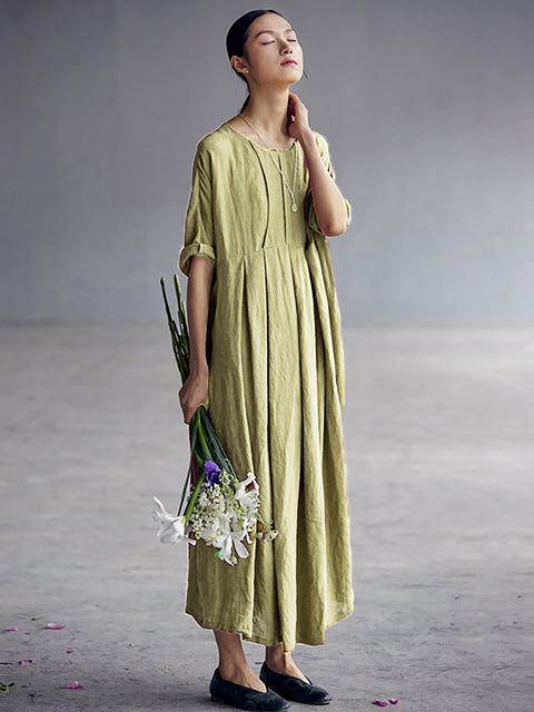 Plus Size Chinese Style Elegant Pleated Loose Linen Dress