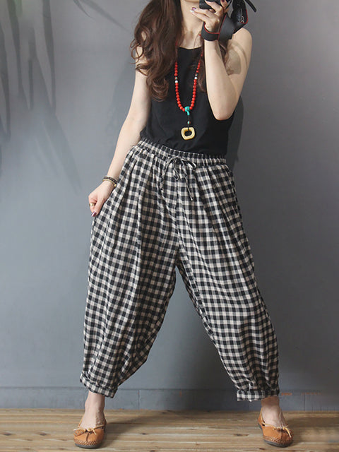 Plus Size Summer Plaid Drawstring Cotton Linen Harem Pants